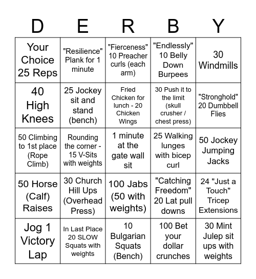 Derby Day Workout (Weights) Bingo Card