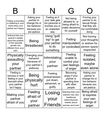Dating Abuse Red Flags Bingo Card