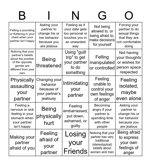 Dating Abuse Red Flags Bingo Card