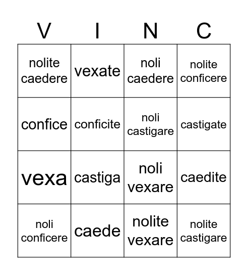 Latin Imperatives Bingo Card