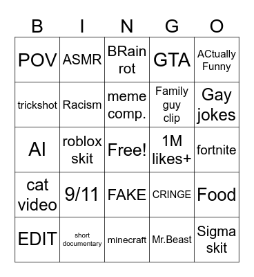 Shorts Bingo Card