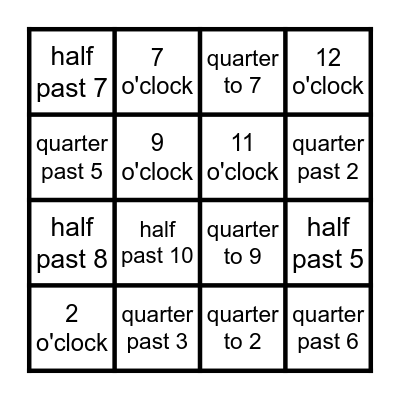 Tell the Time Bingo! Bingo Card