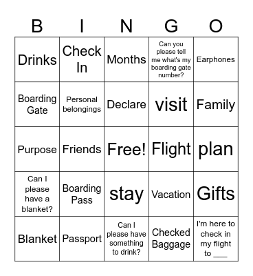 Travel Conversation Bingo Card