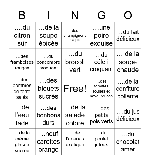 La nourriture - Grade 8 Bingo Card