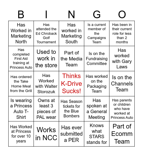 Team Member Bingo Card