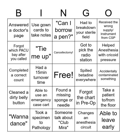 Operating Room BINGO Card