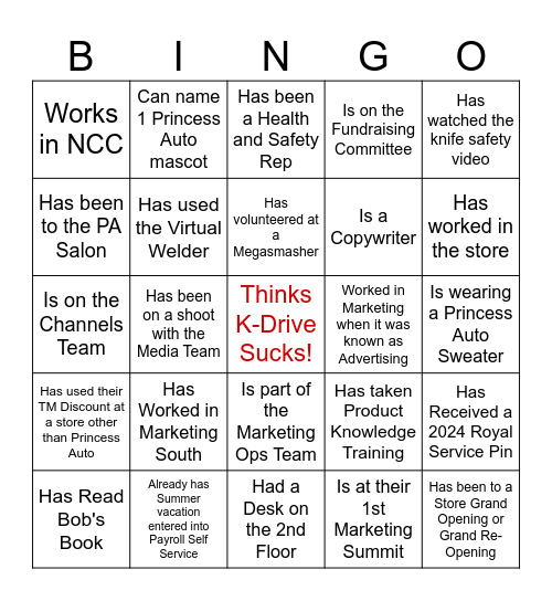 Team Member Bingo Card