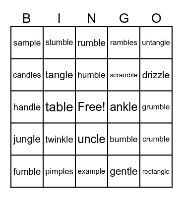 Consonant -le endings Bingo Card