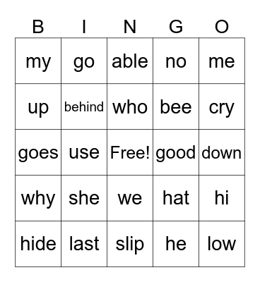 Long Vowel Open Syllable Bingo Card