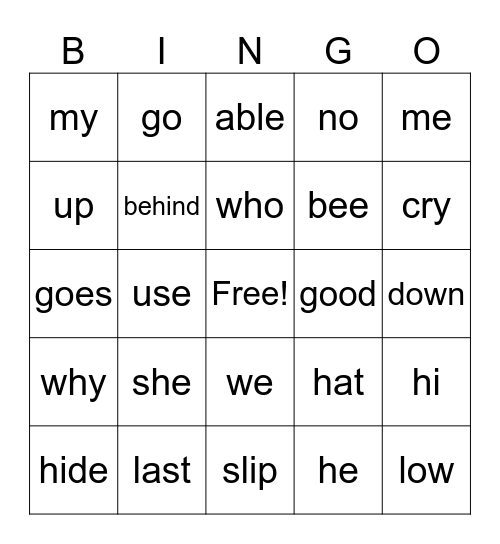 Long Vowel Open Syllable Bingo Card