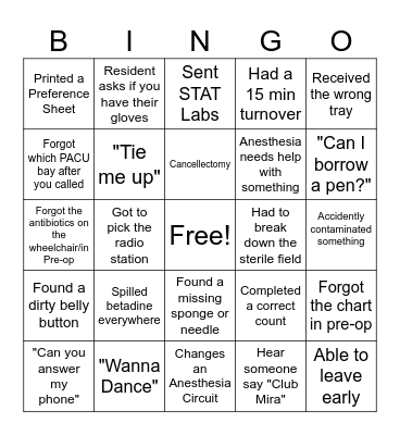 Operating Room Bingo Card