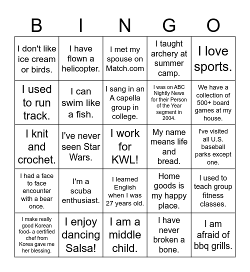 KWL Bingo Card