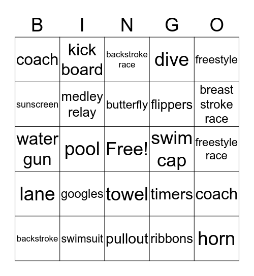 swimming Bingo Card