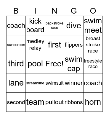 swimming Bingo Card