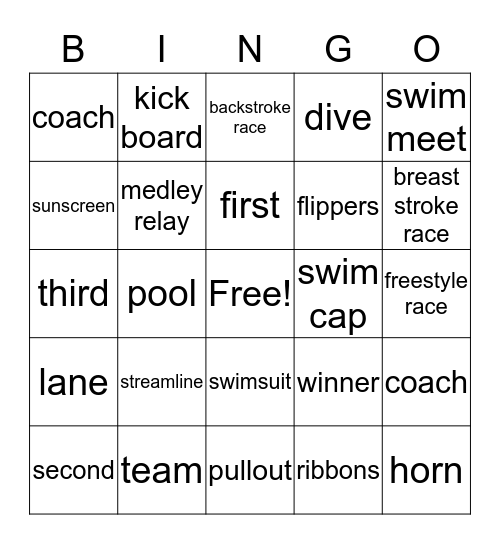 swimming Bingo Card