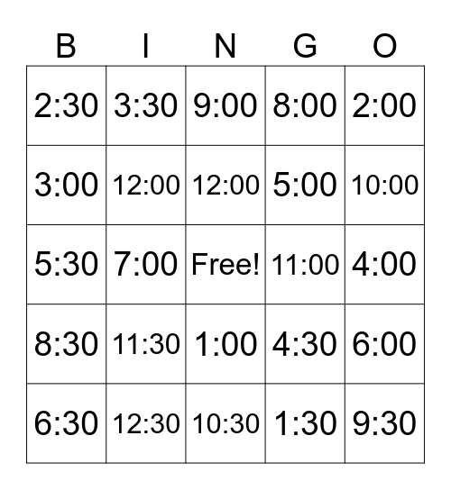 Telling Time Bingo Card