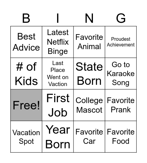 Jamie Bingo Card