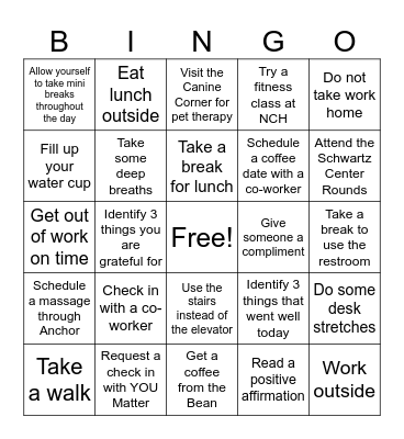 Self-Care at work Bingo Card
