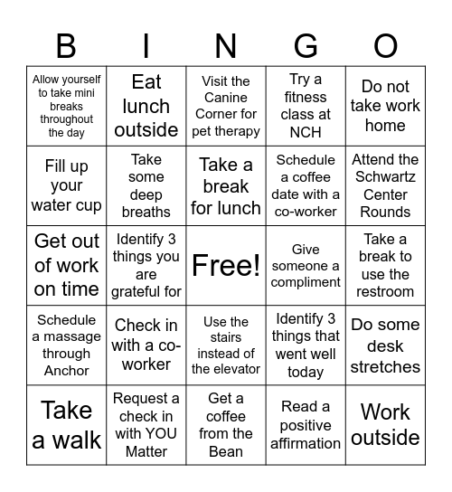 Self-Care at work Bingo Card