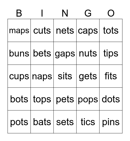 UFLI 20  cvc + s Bingo Card