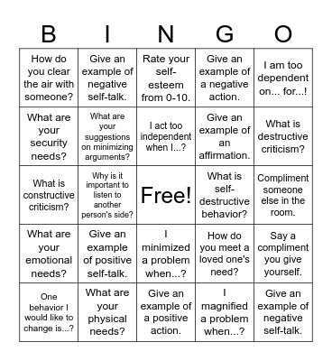 Recognizing Healthy and Unhealthy Coping Bingo Card