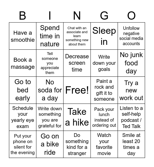 Wellness and Self Care Bingo Card