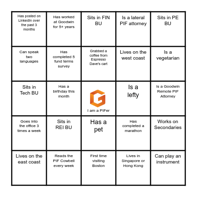 Get To Know You: PIF Edition Bingo Card