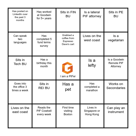 Get To Know You: PIF Edition Bingo Card