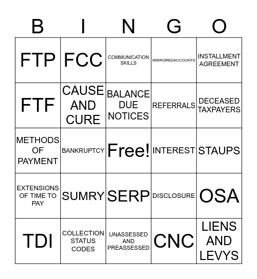 BALANCE DUE Bingo Card