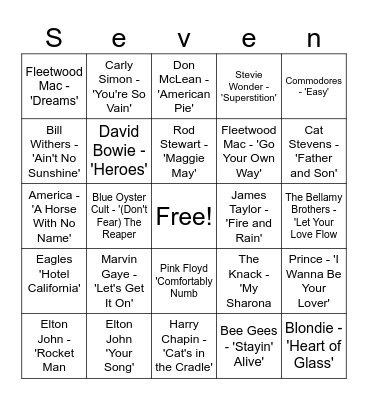 70s Music Bingo Card