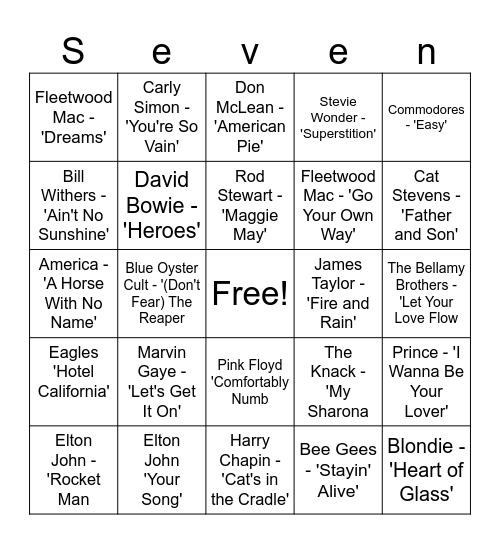 70s Music Bingo Card