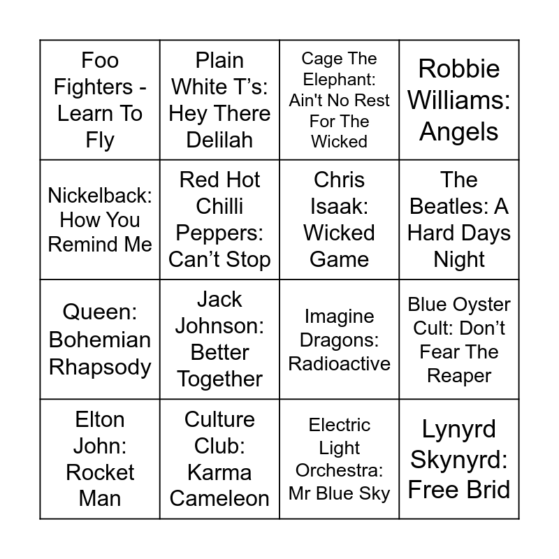 Alex Dobson Music Bingo - Round 1 Bingo Card
