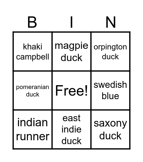 ducks! Bingo Card