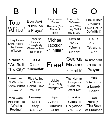 80s Music Bingo Card