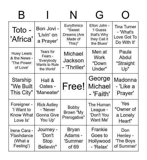 80s Music Bingo Card