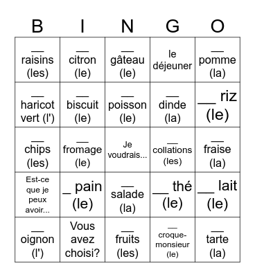 Les Articles Partitifs Bingo Card