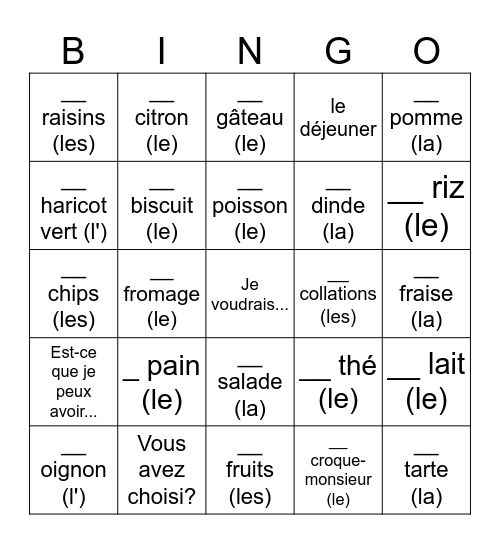 Les Articles Partitifs Bingo Card