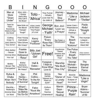 80s music Bingo Card