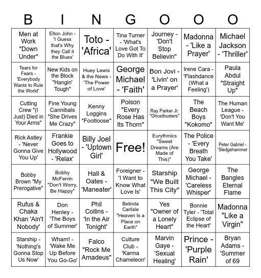 80s music Bingo Card