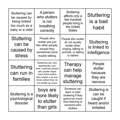 Stuttering Bingo Card