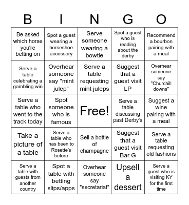 Derby Bingo (Rosette's PM) Bingo Card