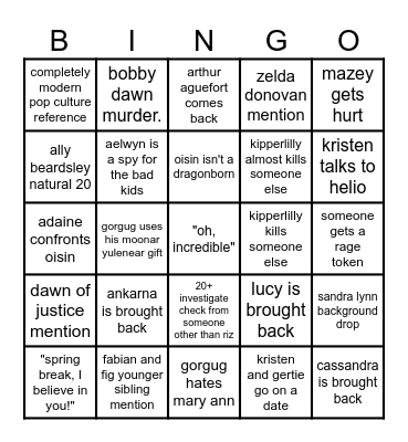 fantasy high Bingo Card