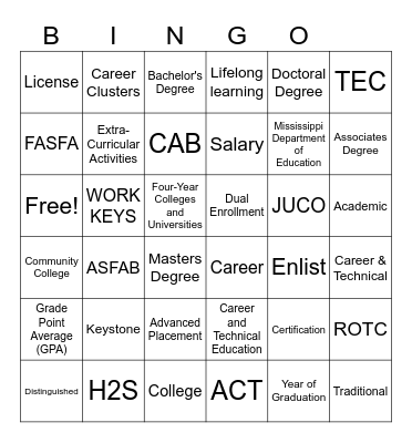 College and Career Bingo Card