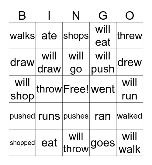 Present, Past, and Future Actions (Verbs) Bingo Card