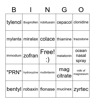 Medications Bingo Card