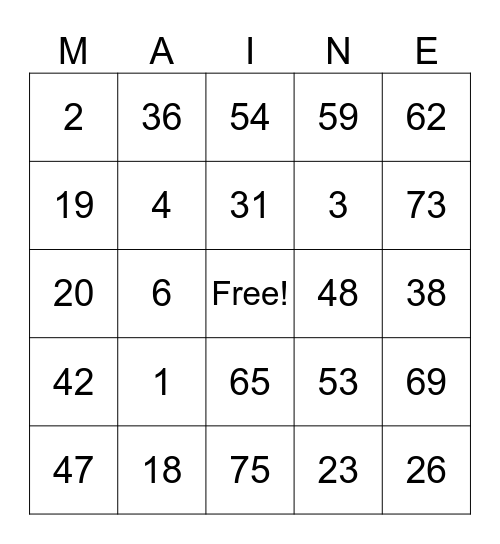 Maine Bingo Card