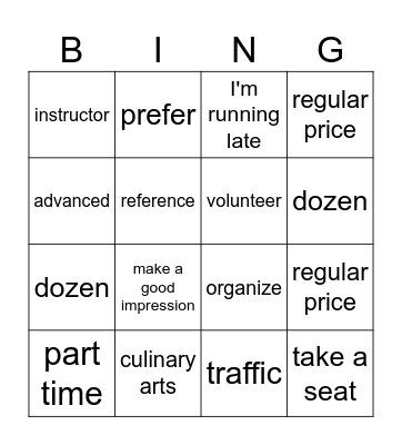 Burlington High Beginner Review Bingo Card