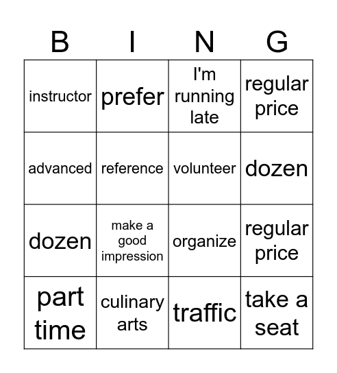 Burlington High Beginner Review Bingo Card