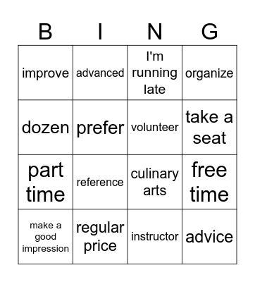 Burlington High Beginner Review Bingo Card