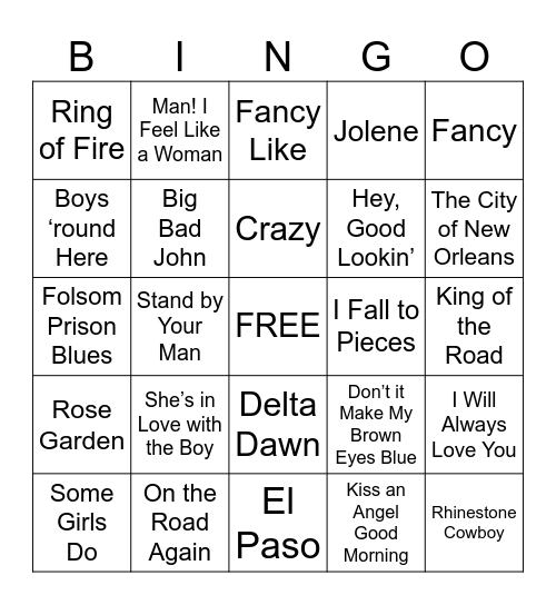 Country Music Bingo Card